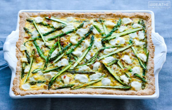 This beautiful and delicious Asparagus, Leek and Goat Cheese Tart is low carb and gluten free!