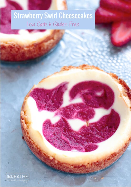Beautiful AND delicious, these strawberry swirl cheesecakes are gluten free and Keto friendly!