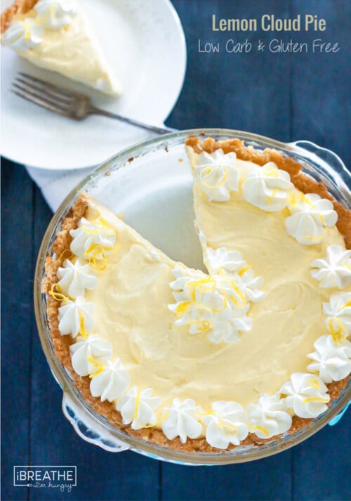 This intensely flavored low carb lemon cloud pie is keto and Atkins friendly - not to mention gluten free! Perfect for any party!