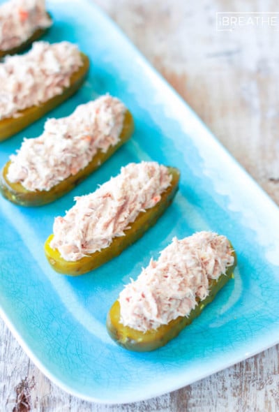 These super easy smoky tuna pickle boats are fun for kids and adults! Keto and Whole 30 friendly!