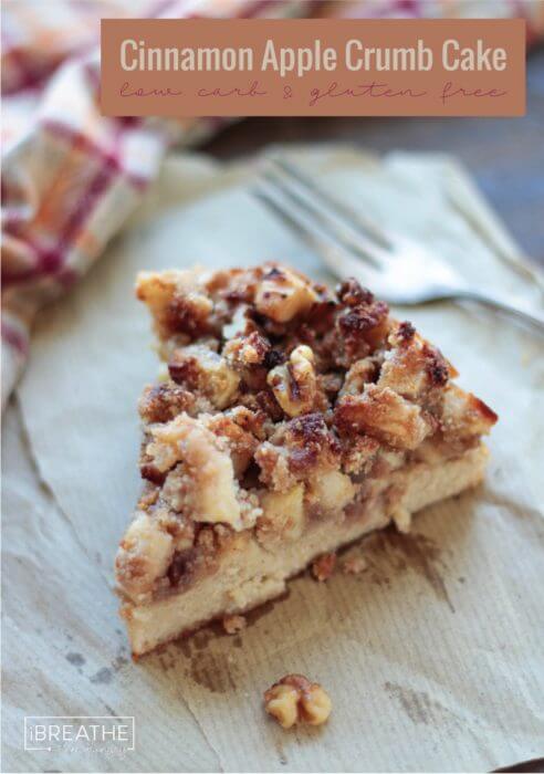 This low carb cinnamon apple crumb cake is tender and loaded with cinnamon, apples and walnut streusel! Gluten free and keto friendly!