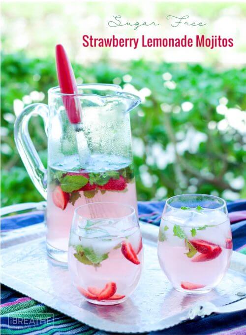 These refreshing and delicious low carb strawberry lemonade mojitos are perfect for your end of summer party!