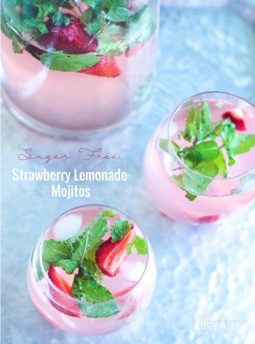 These delicious and refreshing sugar free strawberry lemonade mojitos have been my go to keto cocktail all summer!