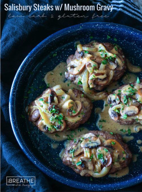 These easy baked low carb Salisbury Steaks are tender & delicious served with mushroom gravy.