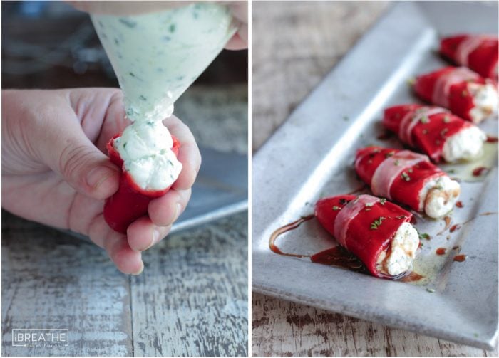 These roasted piquillo peppers are easy to stuff with herbed goat cheese when you use a freezer bag to pipe it in! Keto and low carb appetizer!