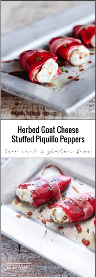 There's no cooking required for these easy low carb herbed goat cheese stuffed piquillo peppers! A great appetizer or addition to a salad or antipasto platter!