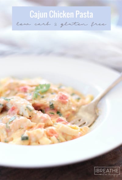 Homemade low carb fettuccine noodles and tender chunks of chicken are smothered in a spicy Cajun cream sauce that will make you weep with joy. Keto, gluten free, nut free