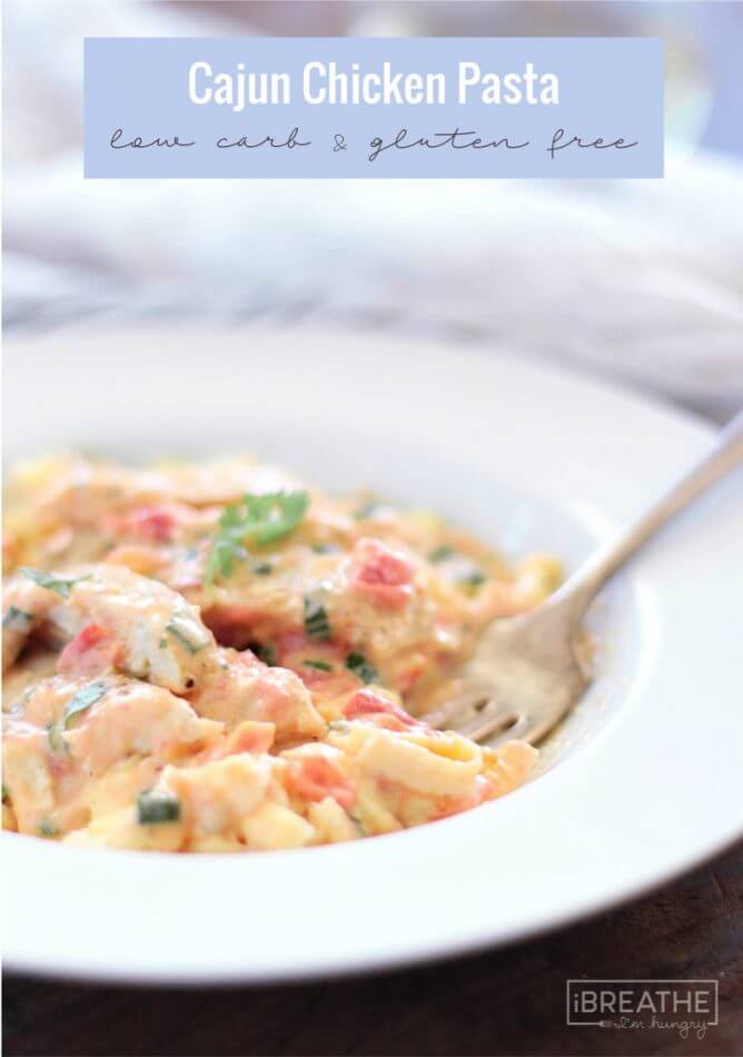 low carb fettuccine noodles and tender chunks of chicken are smothered in a spicy Cajun cream sauce that will make you weep with joy. Keto, gluten free, nut free
