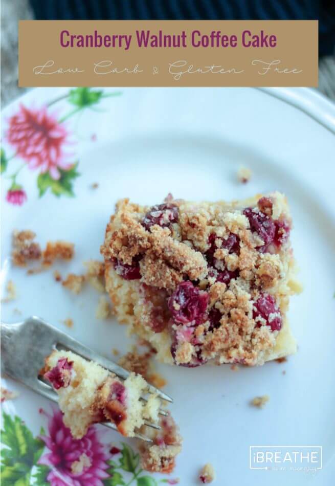 Tender low carb cake topped with cranberries and a toasty walnut streusel - perfect with your morning coffee! keto, atkins, gluten free