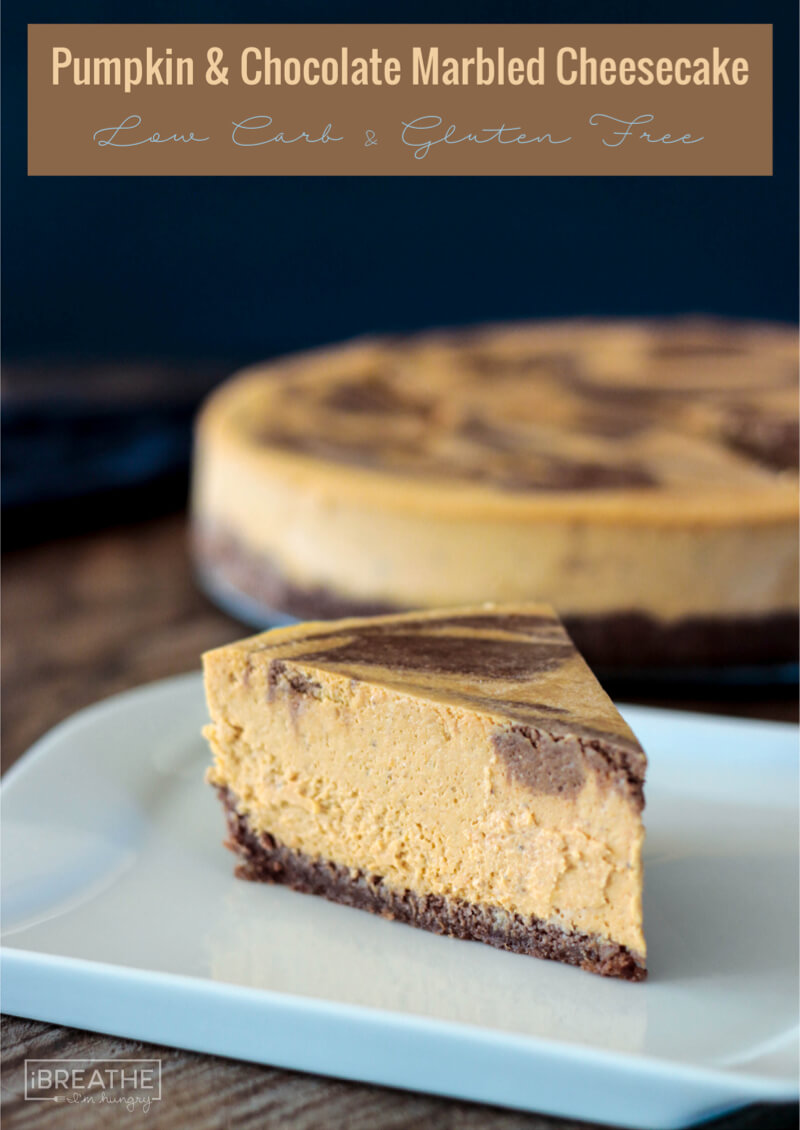 Rich and creamy, nobody will believe this pumpkin chocolate marbled cheesecake is low carb and gluten free! 