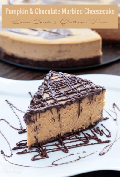 Rich and creamy pumpkin and chocolate cheesecake swirled together atop a chocolate cookie crust! Keto, Atkins, and gluten free!