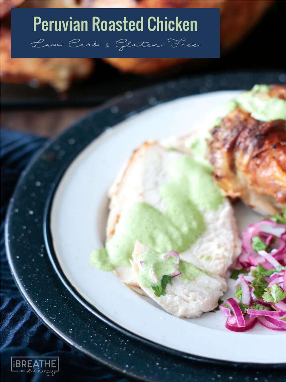 sliced chicken breast with green sauce  and red onions