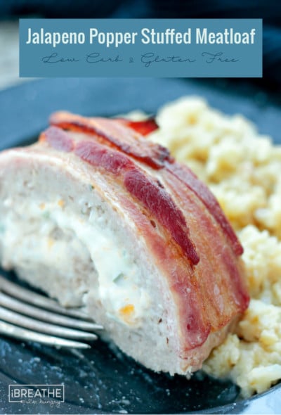 A delicious pork meatloaf stuffed with jalapeño popper filling then wrapped in bacon!