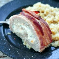 A fantastic pork meatloaf stuffed jalapeño popper filling and wrapped in bacon from Mellissa Sevigny of I Breathe Im Hungry