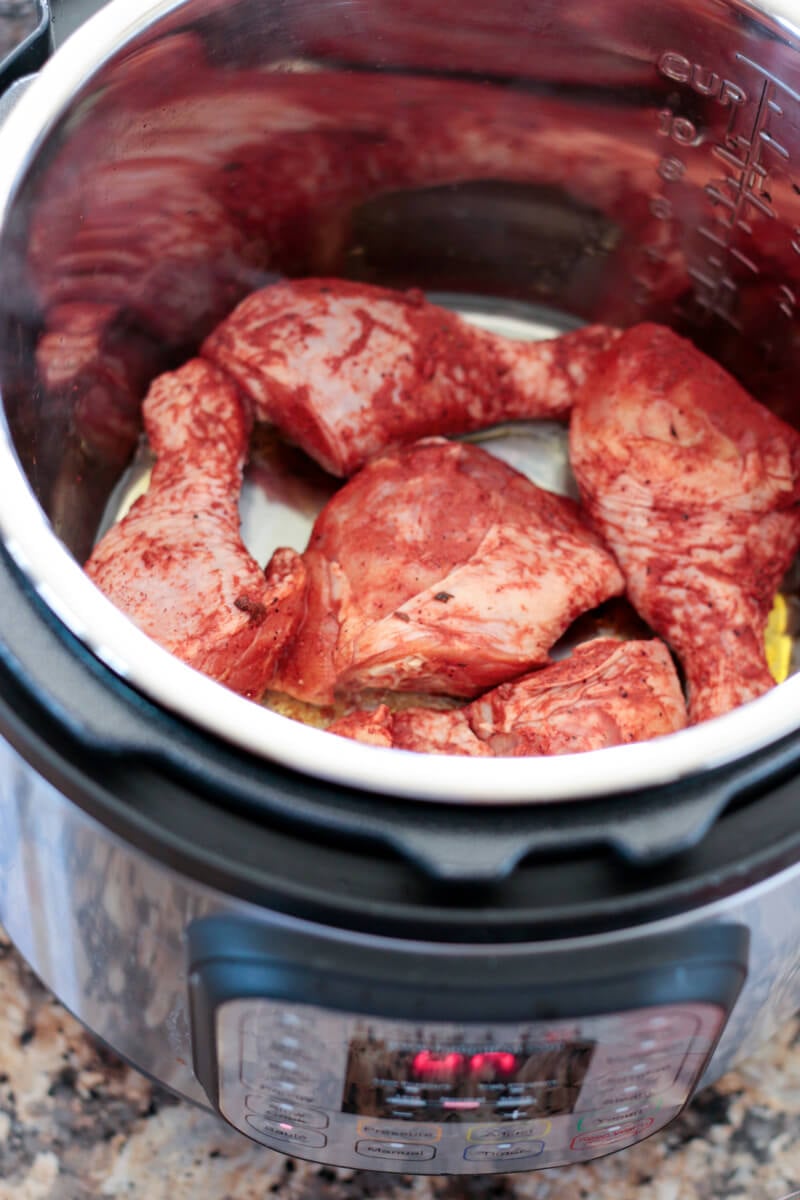 Searing the marinated chicken parts in the Instant Pot!
