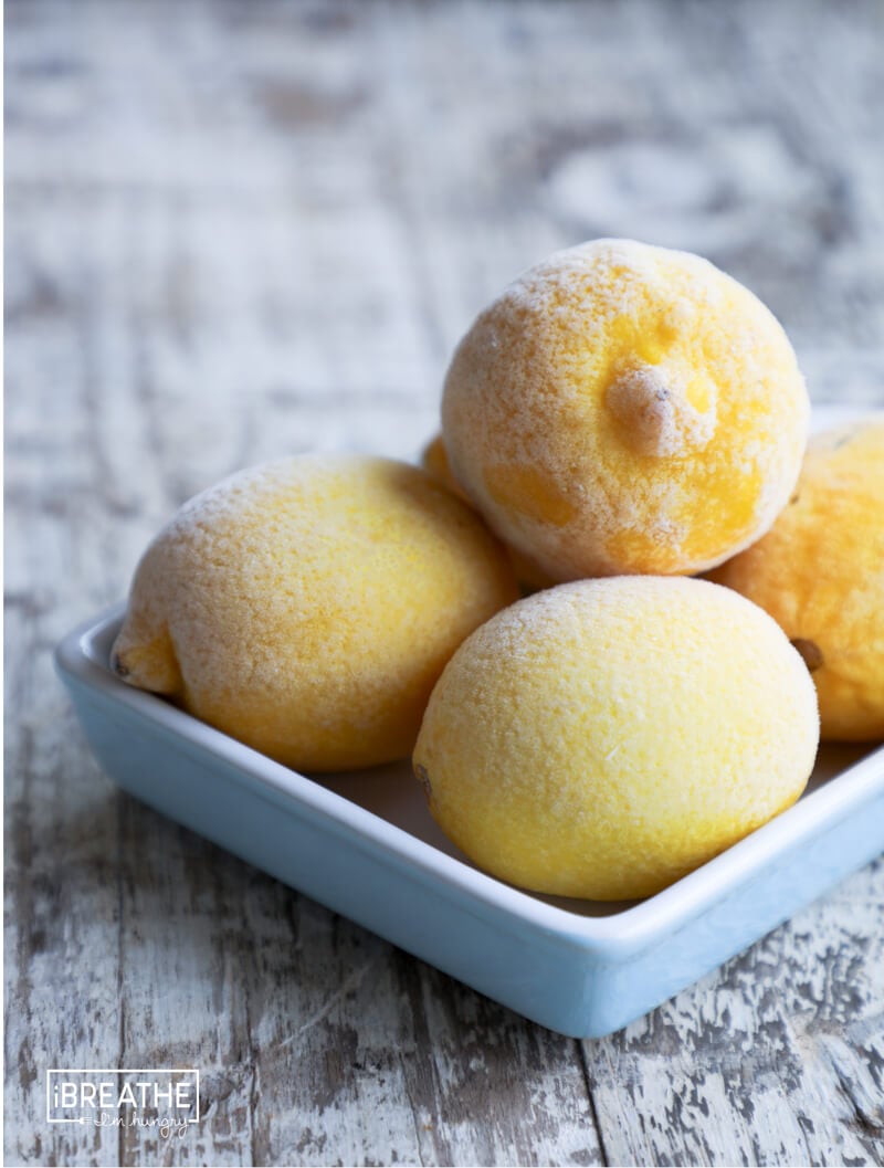 These lemon keto muffins use whole frozen lemons that are thawed and then juiced and zested.