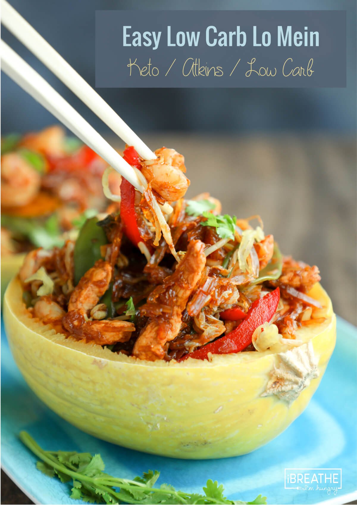 Easy Keto Lo Mein with shrimp in a spaghetti squash bowl
