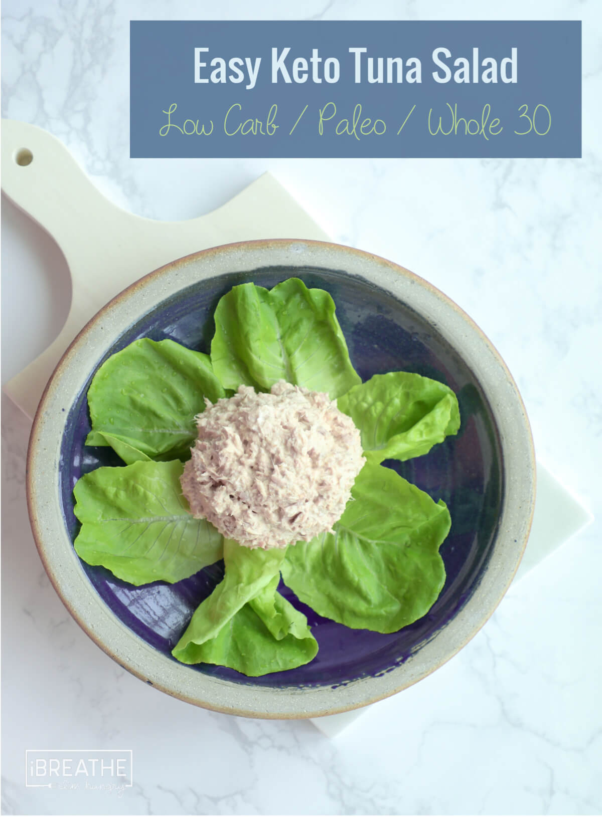 top view of easy tuna salad on a bed of lettuce on a blue pottery plate
