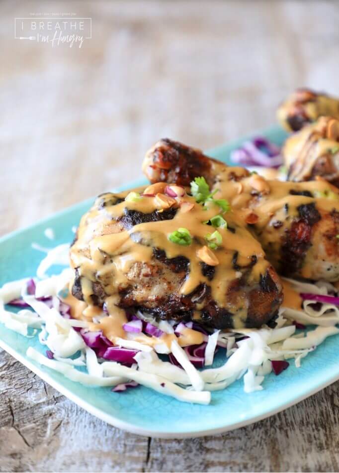 Keto Grilled Chicken & Peanut Sauce - perfect for parties, it's low carb and Atkins friendly!