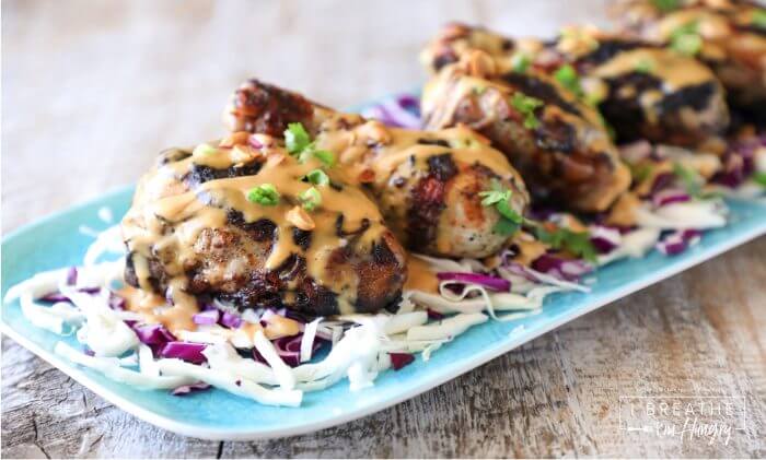 Keto Grilled Chicken & Peanut Sauce - perfect for parties, it's low carb and Atkins friendly!