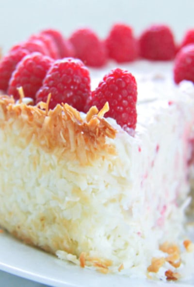 A gorgeous keto cheesecake recipe with raspberries, a hint of lemon and a coconut macaroon crust!