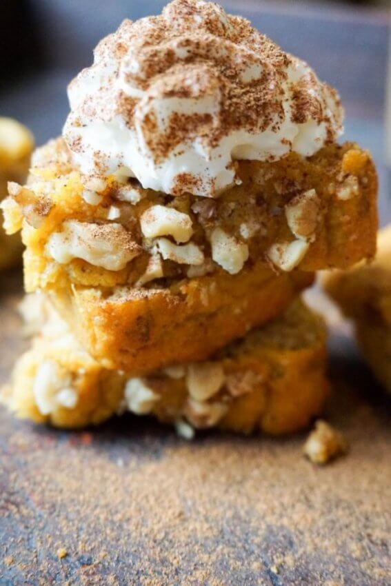 Pumpkin Bread with walnuts and whipped cream