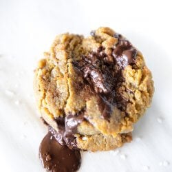 Nut Free Keto Chocolate Chip Cookie on a marble background