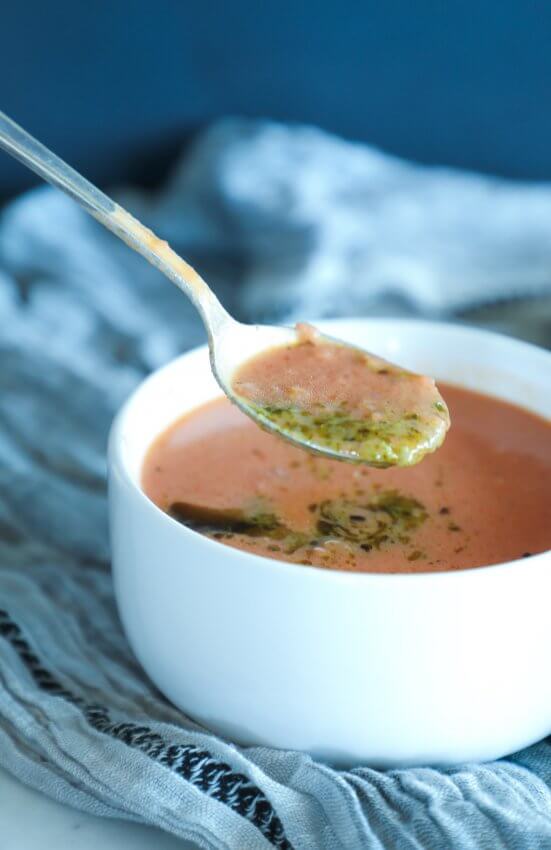 Spoonful of Easy Keto Tomato Basil Soup with pesto