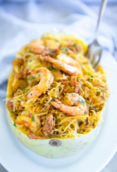 Keto Shrimp & Chorizo Spaghetti Squash Bowl on white plate