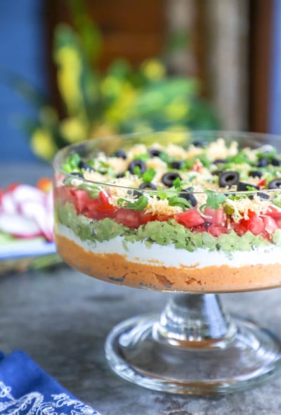 Front view of keto 7 layer dip layers through glass