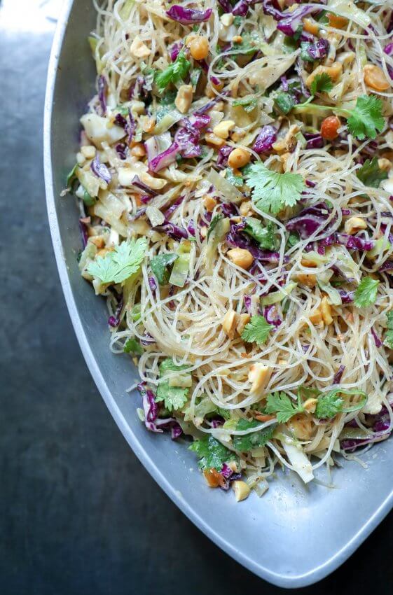 Keto Asian Noodle Salad with Peanut Sauce in silver bowl