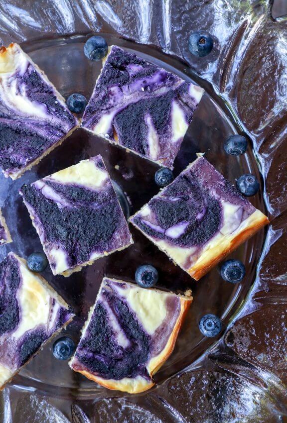 Easy Keto Blueberry Cheesecake Bars cut into squares