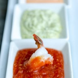 Keto Shrimp Cocktail with 3 sauces in white trays