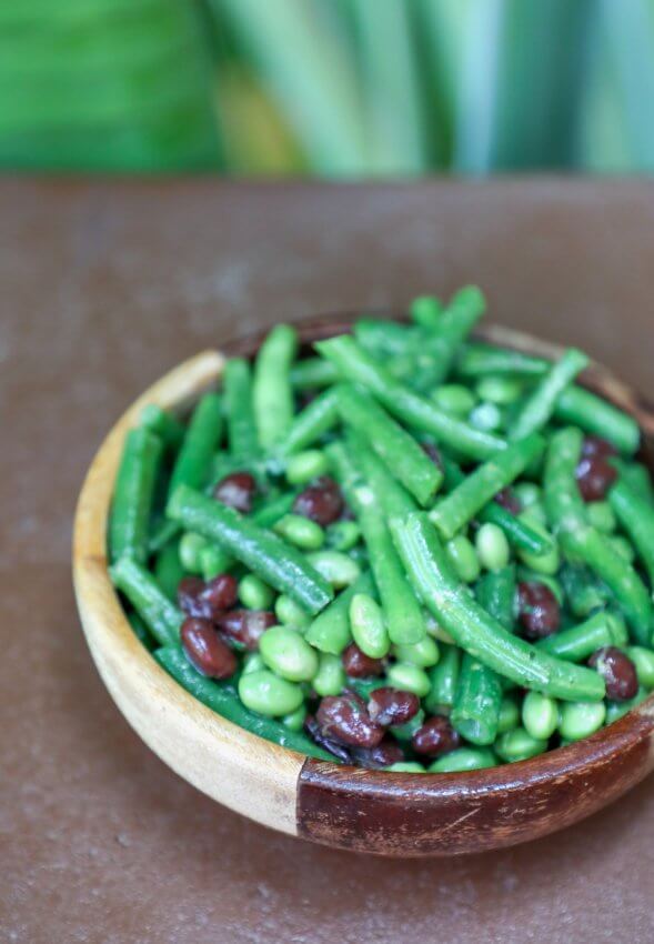 Keto 3 Bean Salad on a brown background