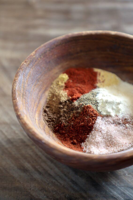 keto barbecue seasoning in a wooden bowl unblended