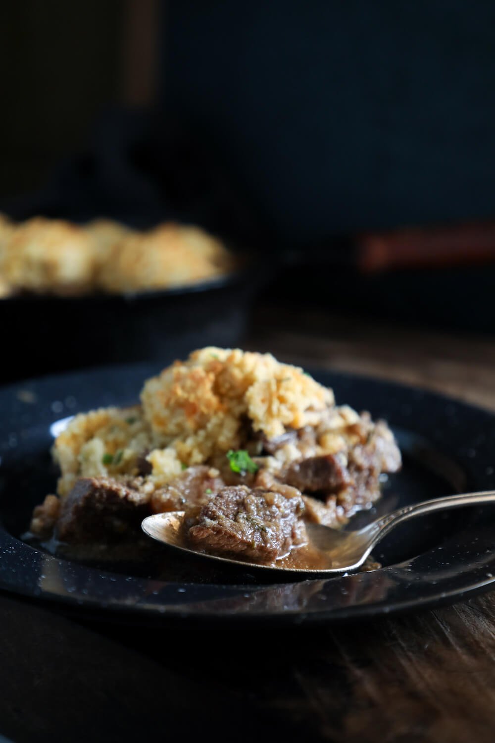 Low carb beef stew with a cheesy biscuit top