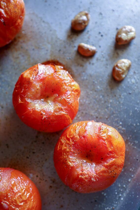 keto roasted tomato & garlic soup ingredients on sheet pan