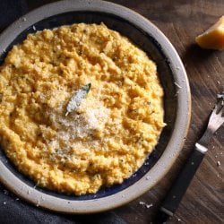 Keto butternut squash risotto with sage garnish from above
