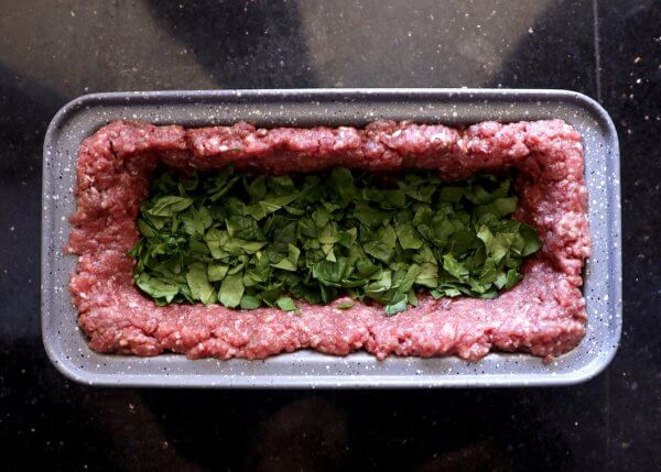Chopped spinach for the first layer - Keto Lasagna Meatloaf step 2