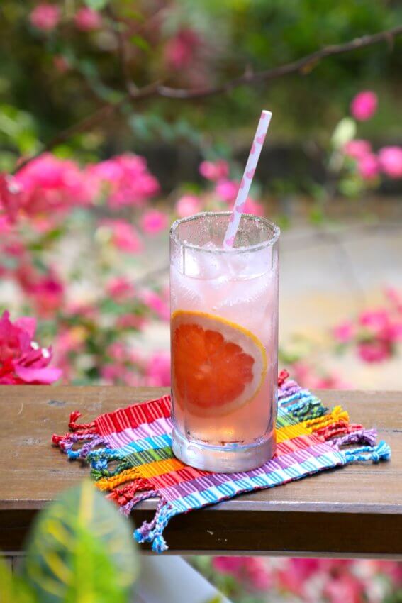 Keto Paloma Cocktail with pink flowers in the background