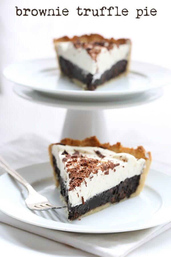 Brownie truffle pie on a white plate 