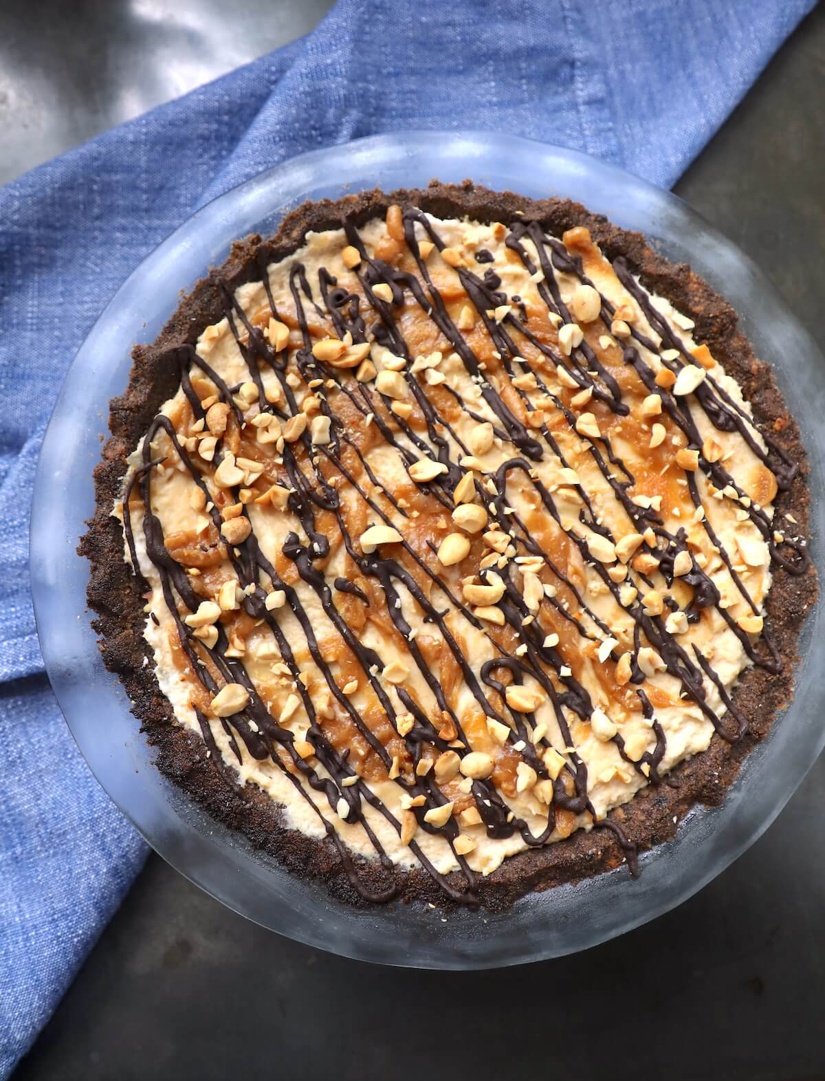 Keto Peanut Butter & Chocolate Pie in a glass pie plate top view