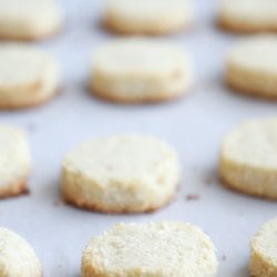 keto coconut shortbread cookies on a parchment lined baking sheet
