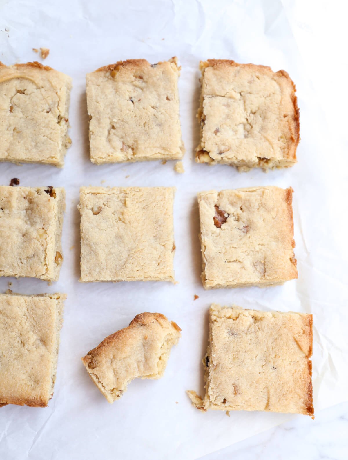 keto butter rum blondies cut and on parchment paper
