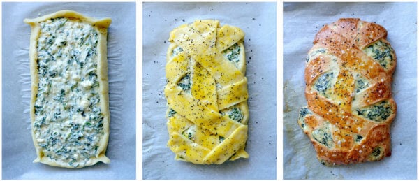 3 photo grid of how to assemble and back a cheesy keto spinach calzone.