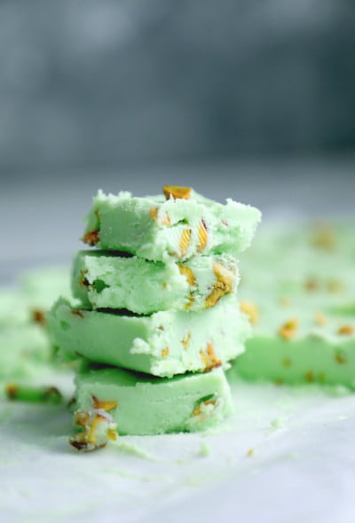 Keto Pistachio Fudge stacked on top of each other