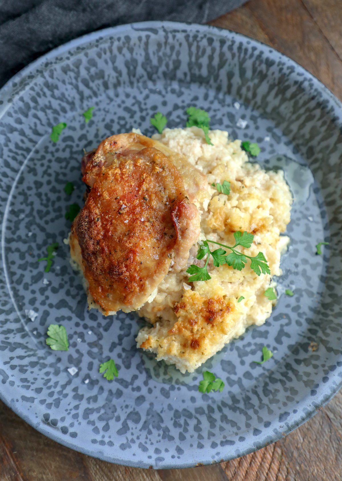 Keto Cheesy Ranch Chicken & Rice on a grey enamelware plate