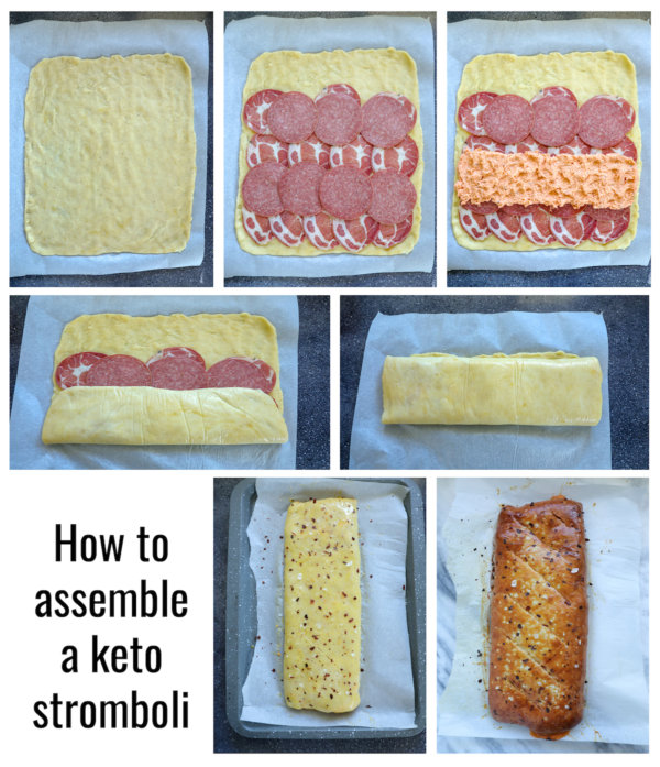 A grid of photos showing how to make a Keto Stromboli