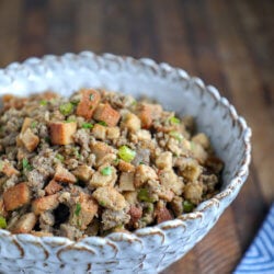 Keto HOP Stuffing in a scalloped pottery bowl