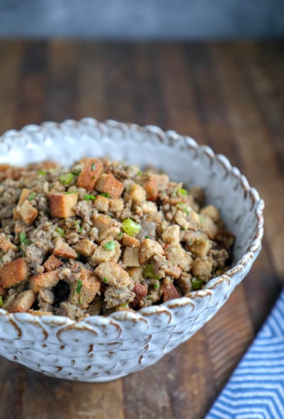 Keto HOP Stuffing in a scalloped pottery bowl